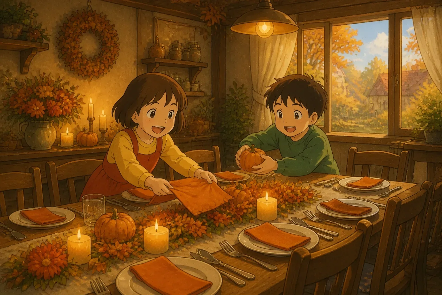 Children Lily and Jake setting the table with bright orange napkins and small pumpkins, preparing for their guests during Thanksgiving.