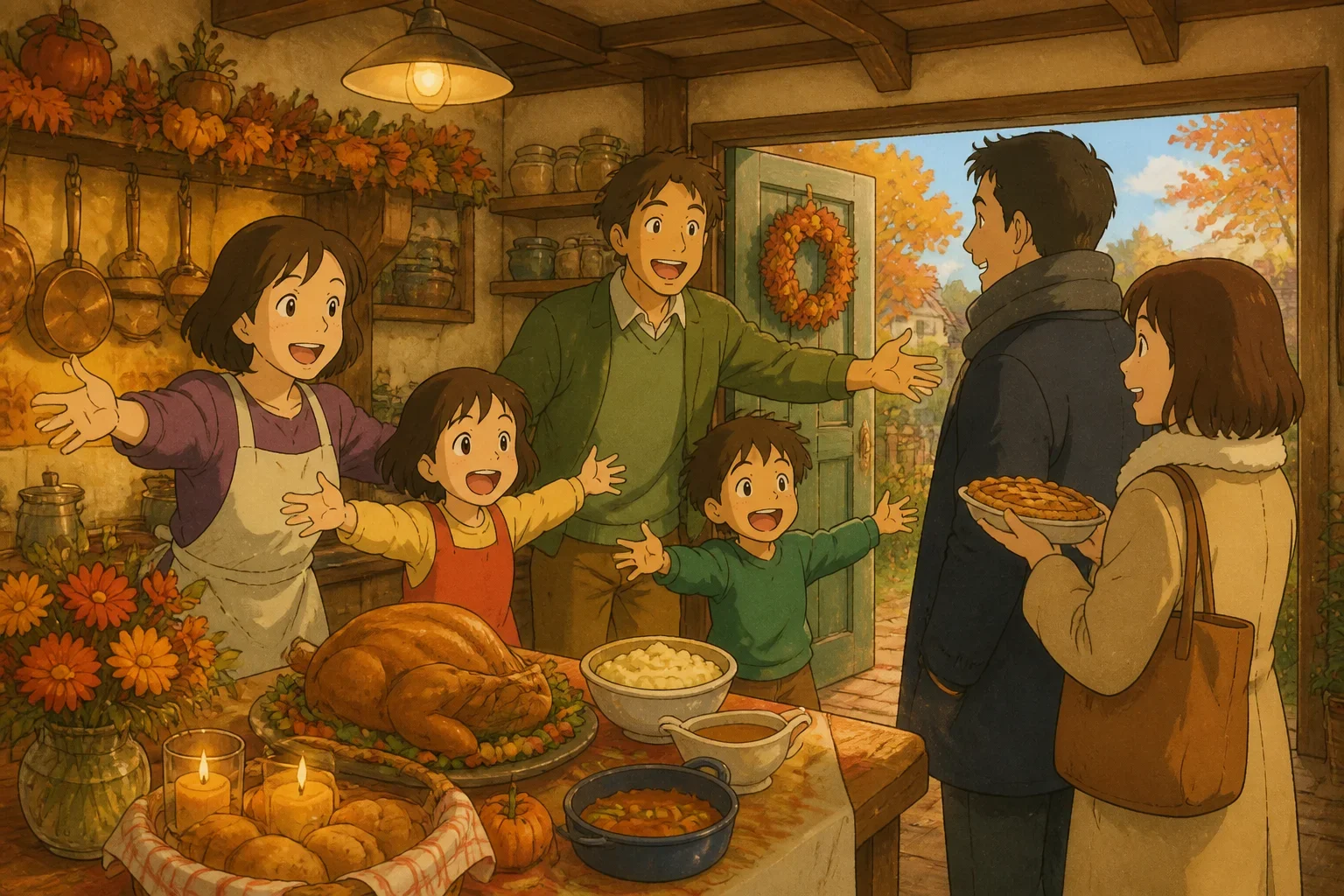 The Thompson family happily inviting their neighbors, the Johnsons, into their cozy kitchen for Thanksgiving dinner, showing a moment of kindness and community.