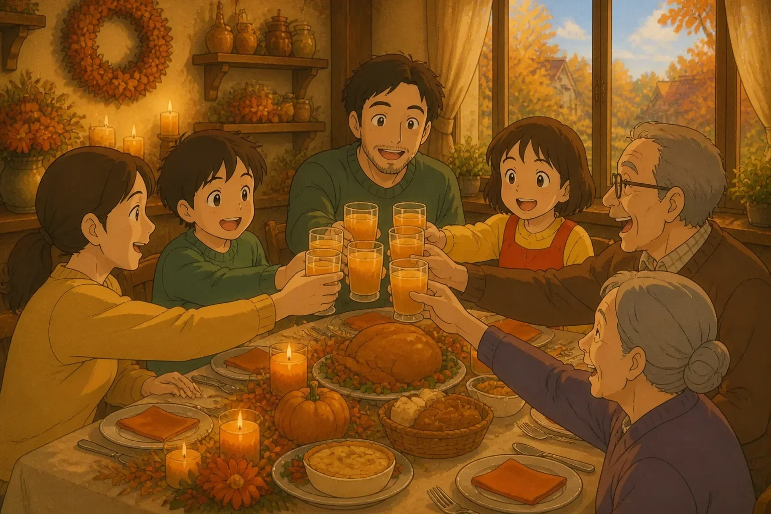 The Thompson family gathered around the table, smiling and giving thanks, with a backdrop of warm, festive decorations and a sense of unity.