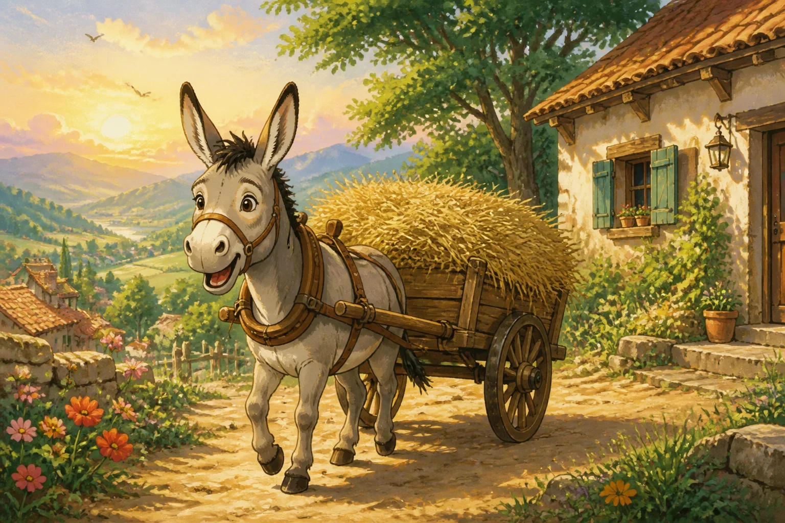 A cheerful donkey working in a colorful village setting in the early morning, carrying hay and pulling a cart, with a rural house and green hills in the background, in a warm, children's storybook style.