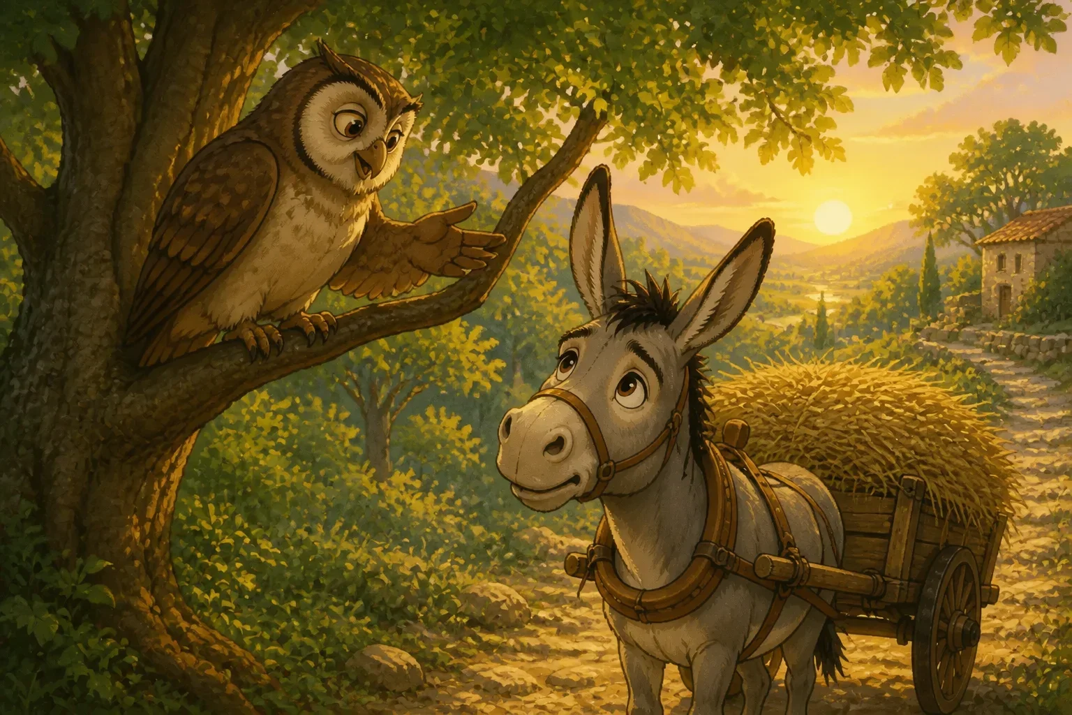 A wise old owl perched on a branch, talking to a tired donkey named Jack in the afternoon sunlight.