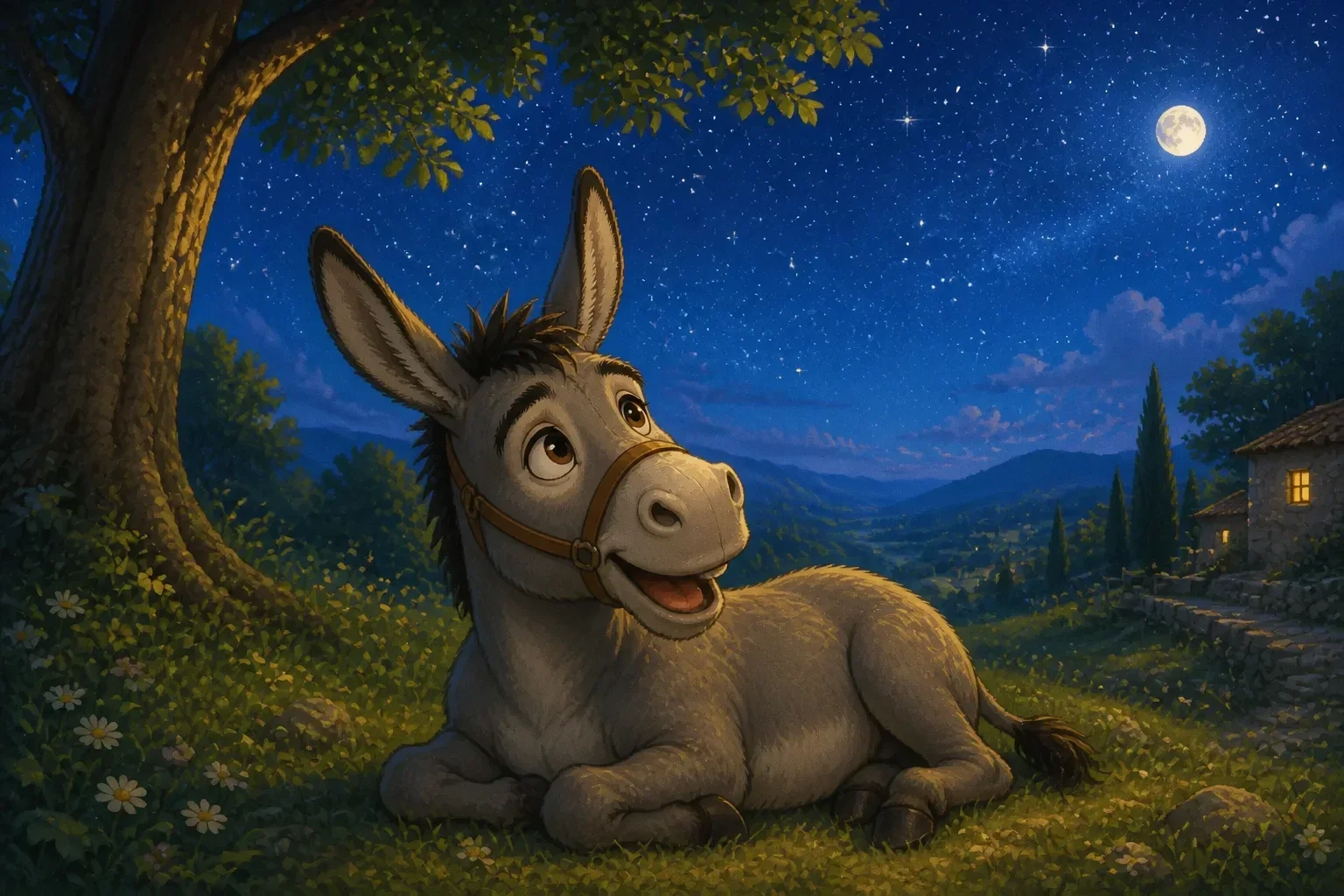 A happy donkey named Jack resting under the stars with a bright smile, feeling rested and balanced after listening to the owl.