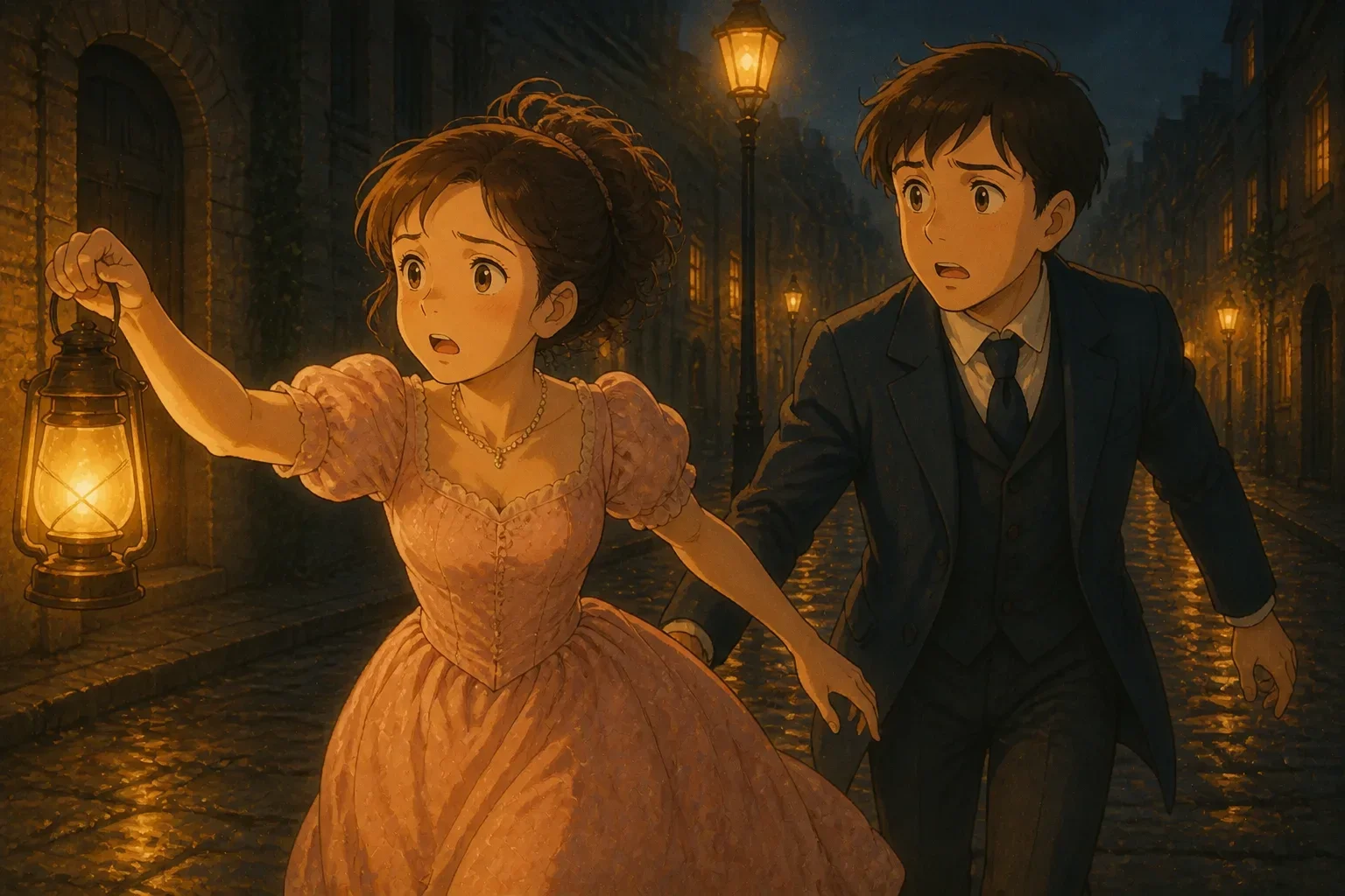 Mathilde and her husband frantically searching the dark street at night, looking worried and desperate.