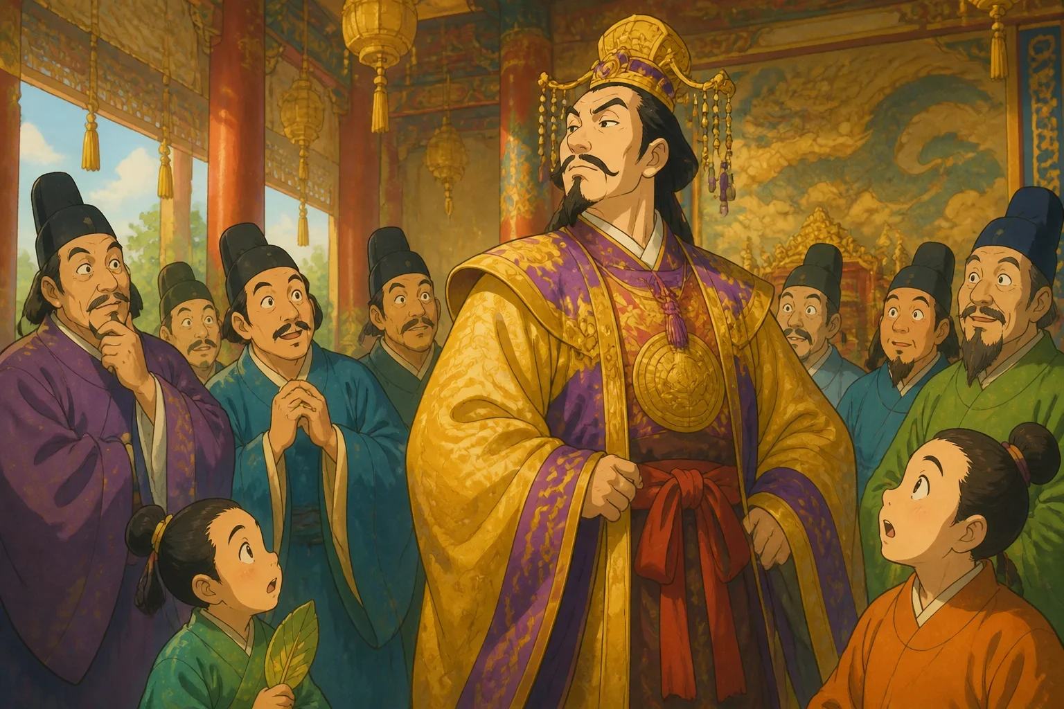A grand palace with an elegant emperor in colorful, luxurious clothing, surrounded by courtiers and ministers in an ornate palace setting, all looking intrigued and curious.