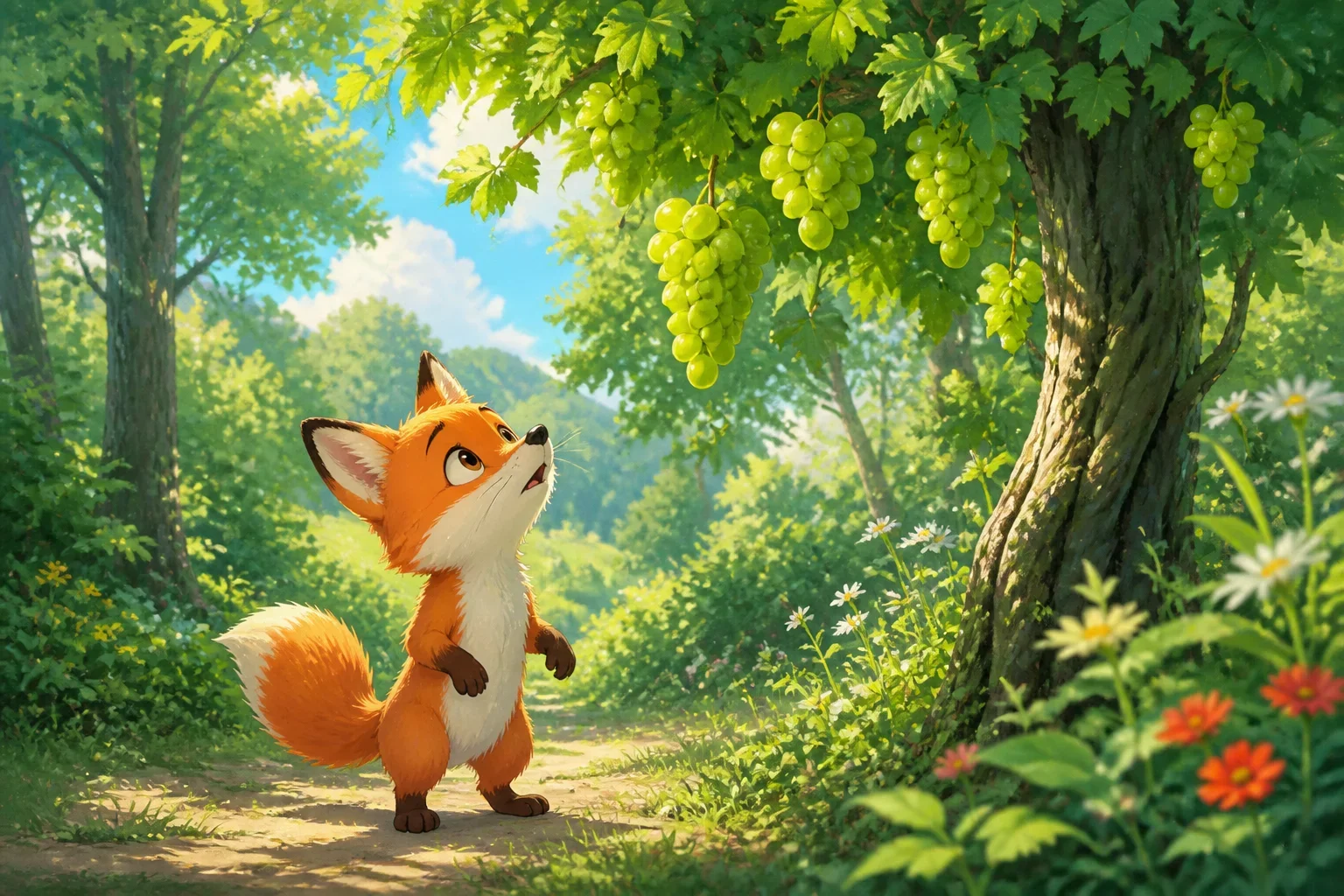 A clever orange fox named Felix stands in a lush green forest clearing, looking up at a tall vine heavy with ripe grapes hanging high above him.