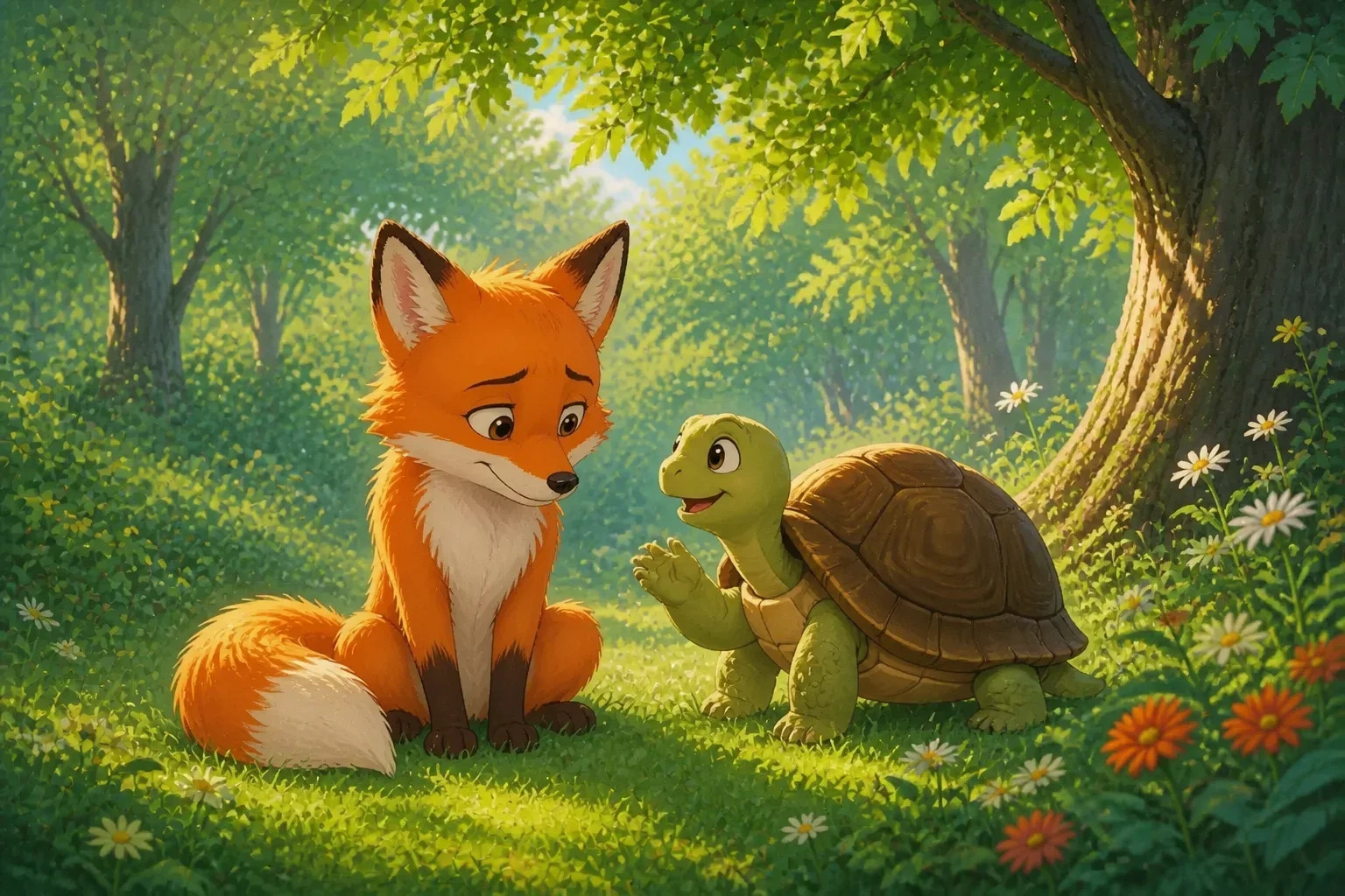 The fox Felix, looking contemplative and a little humbled, sitting on the grass next to a slow-moving, wise old turtle named Tilly in the forest, sharing a gentle moment of understanding.