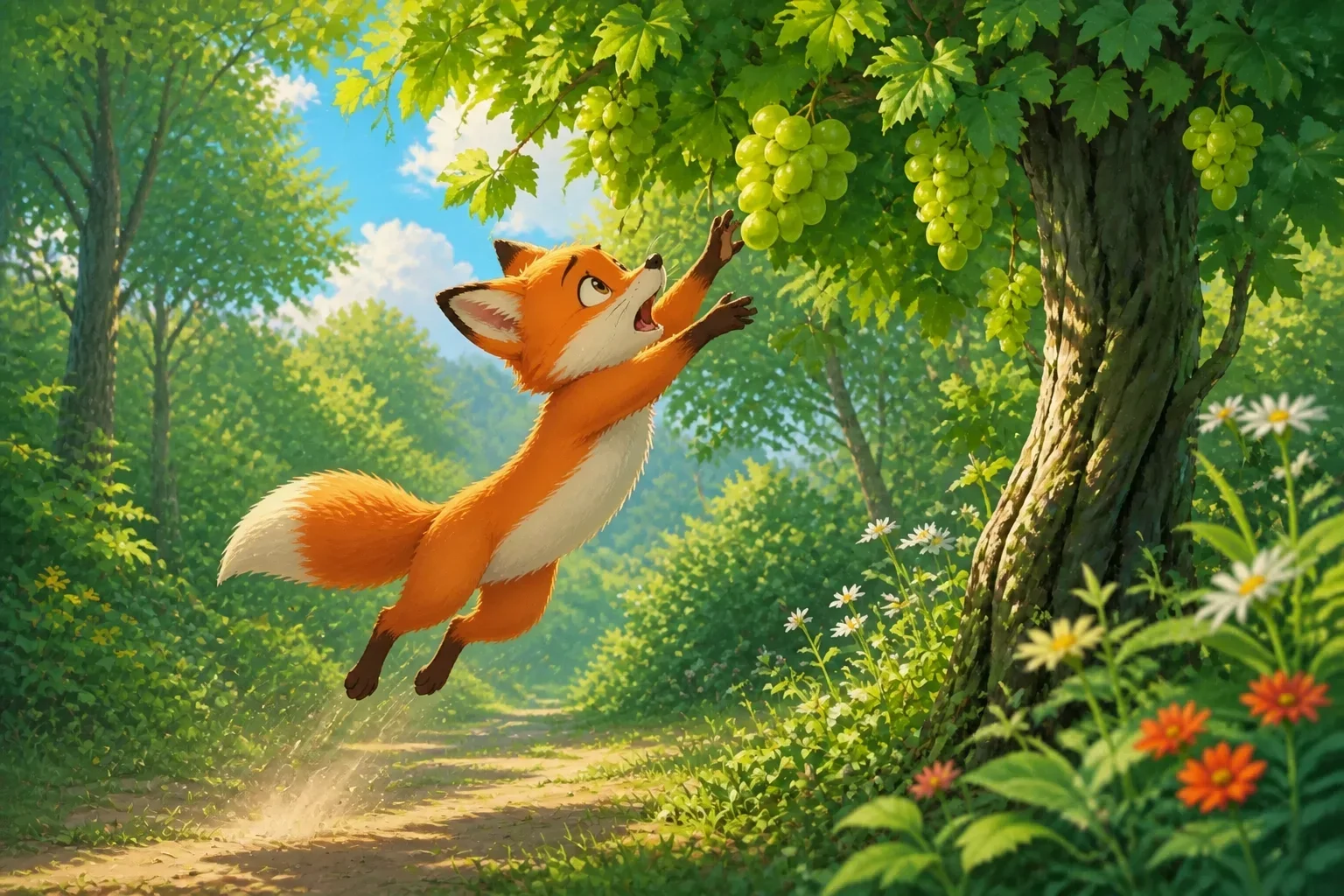 The fox named Felix, with a determined expression, jumping and leaping towards the high-hanging grapes on the vine, trying to reach them.