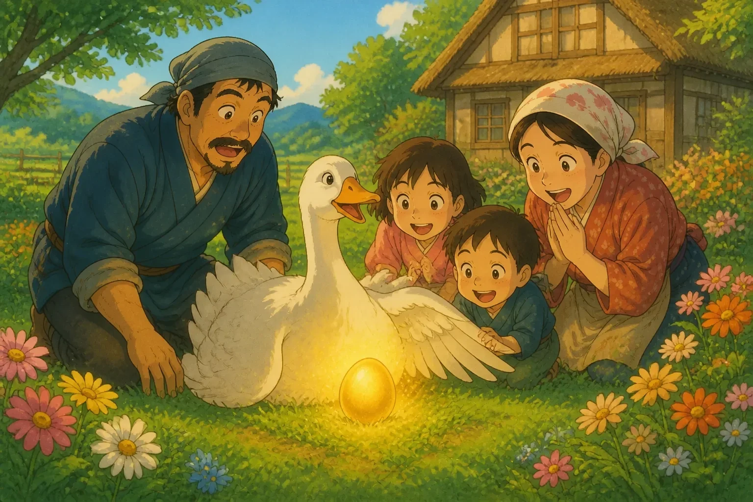 A beautiful white goose sitting happily among green grass, laying a shining golden egg with a bright farm in the background.