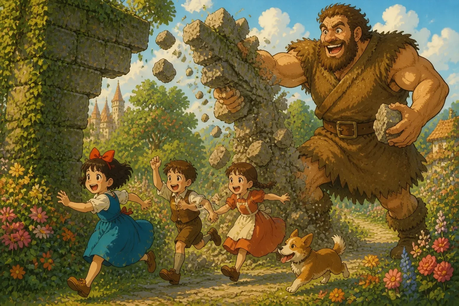 The giant with a big smile, tearing down the wall, as children rush into the garden. Flowers bloom and trees leaf out in a scene full of joy and renewal.