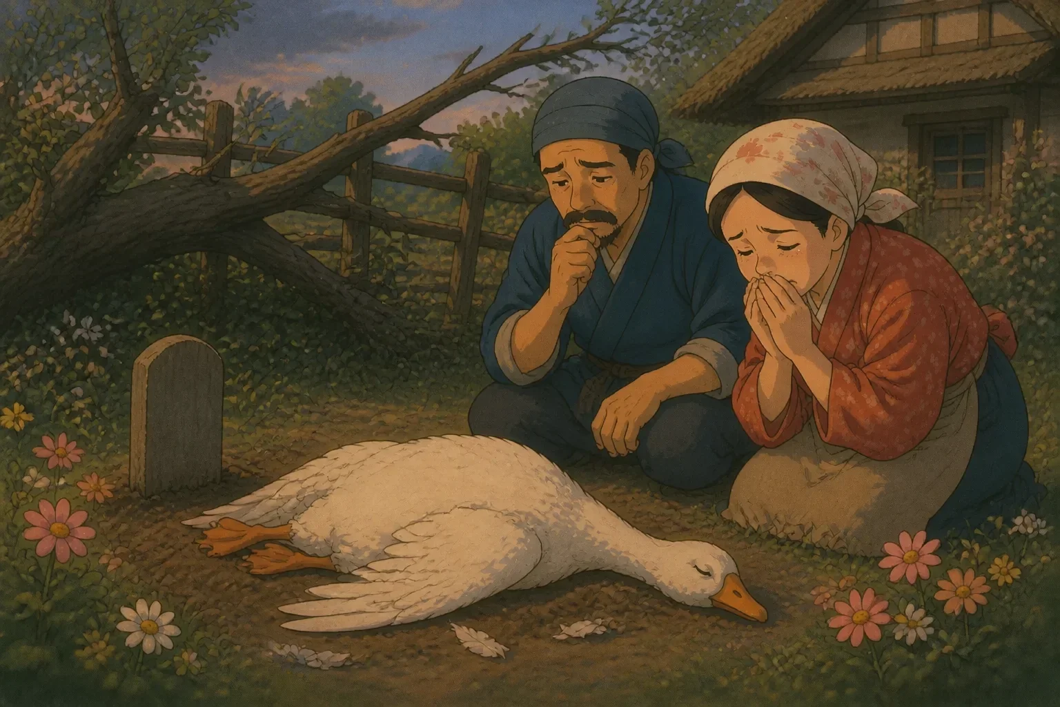 The farmer and his wife, with worried and regretful expressions, stand over the lifeless body of the goose, holding a bloody knife, in their simple backyard.