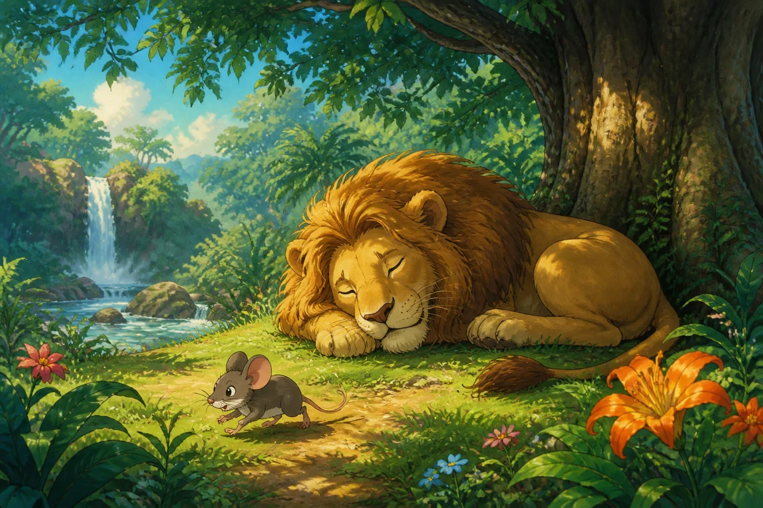A peaceful jungle scene showing a mighty lion sleeping under a big tree while a small mouse scurries nearby.