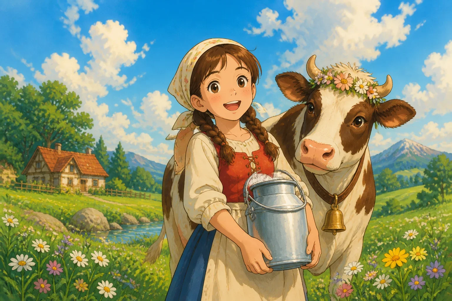 A cheerful milkmaid named Patty stands in a lush green meadow holding a full milk pail, with her loyal cow Bessie beside her, under a bright blue sky.