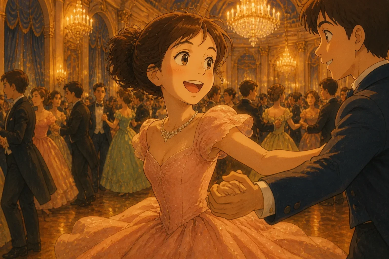 Mathilde wearing a beautiful gown and necklace at the grand ball, surrounded by shining chandeliers and elegantly dressed guests.