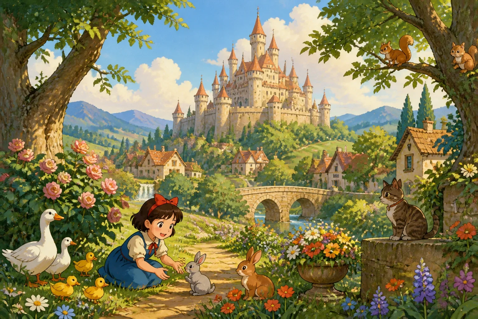 A grand castle with a lush, vibrant garden filled with colorful flowers, tall trees, and playful animals, set in a charming village landscape.
