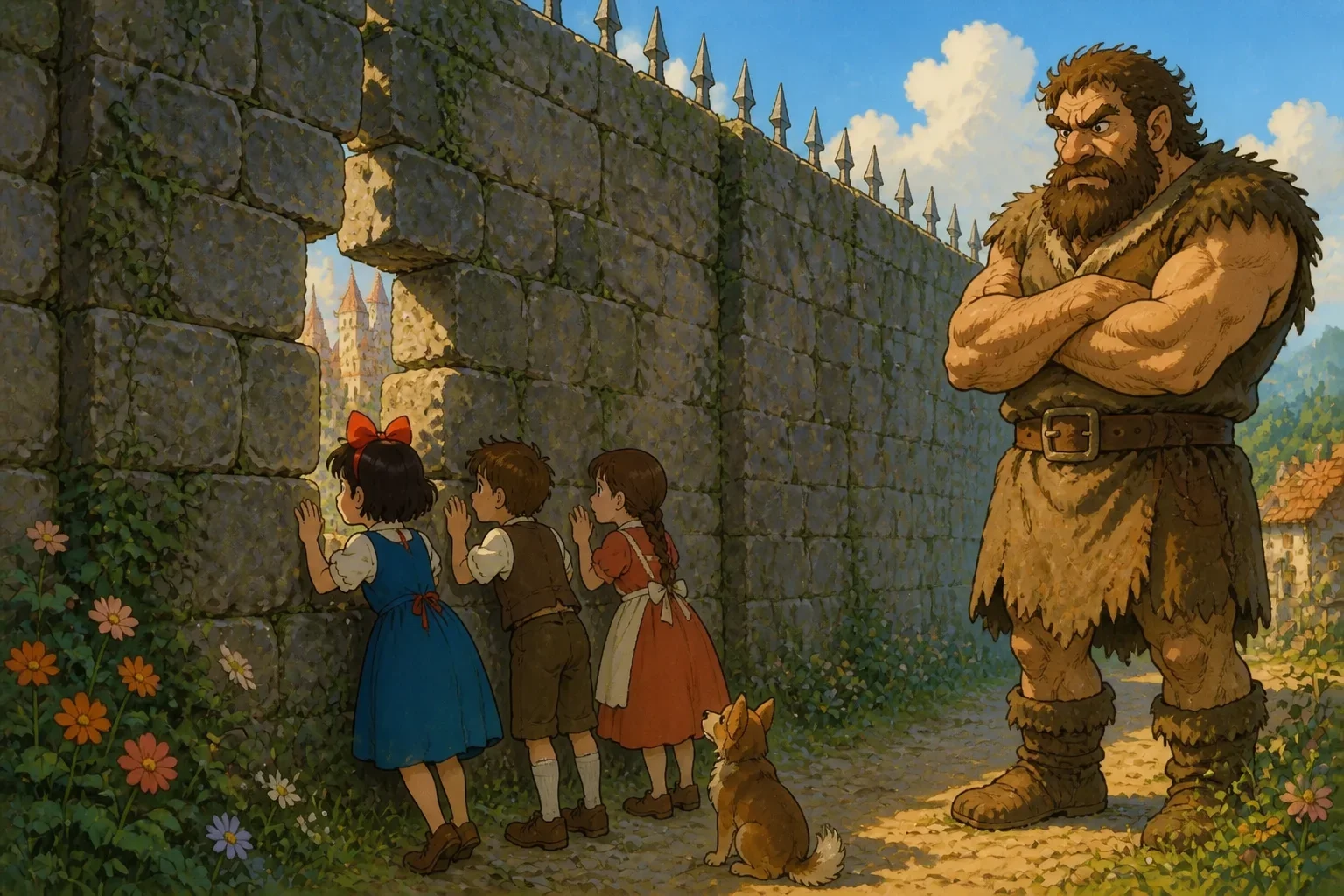 A children’s storybook style illustration showing a massive stone wall topped with spikes, with a large, grumpy giant standing nearby and small children looking longingly through cracks in the wall in a cozy, detailed village scene.