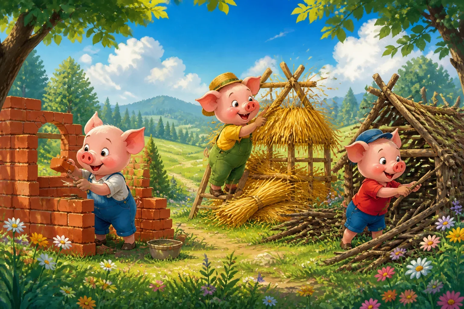 Three little pigs building their houses in a sunny meadow, each using different materials: bricks, straw, and sticks. They are happily working together, surrounded by colorful flowers and trees.