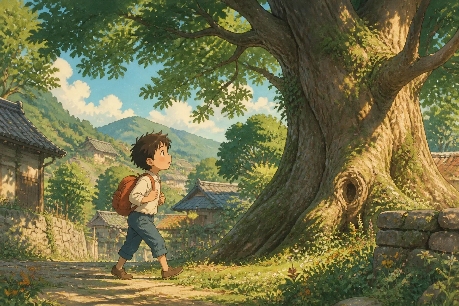 A young boy with bright, curious eyes stands near a large, majestic tree with lush green leaves in a peaceful village setting.