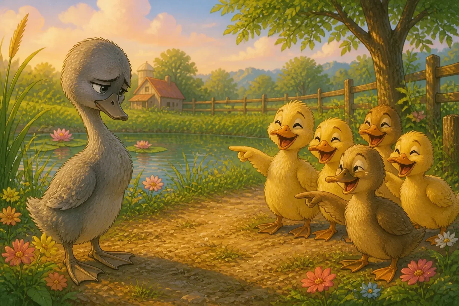 A small grey duckling with an awkward waddle looks sad as a group of cheerful yellow ducklings mock him nearby by the pond.