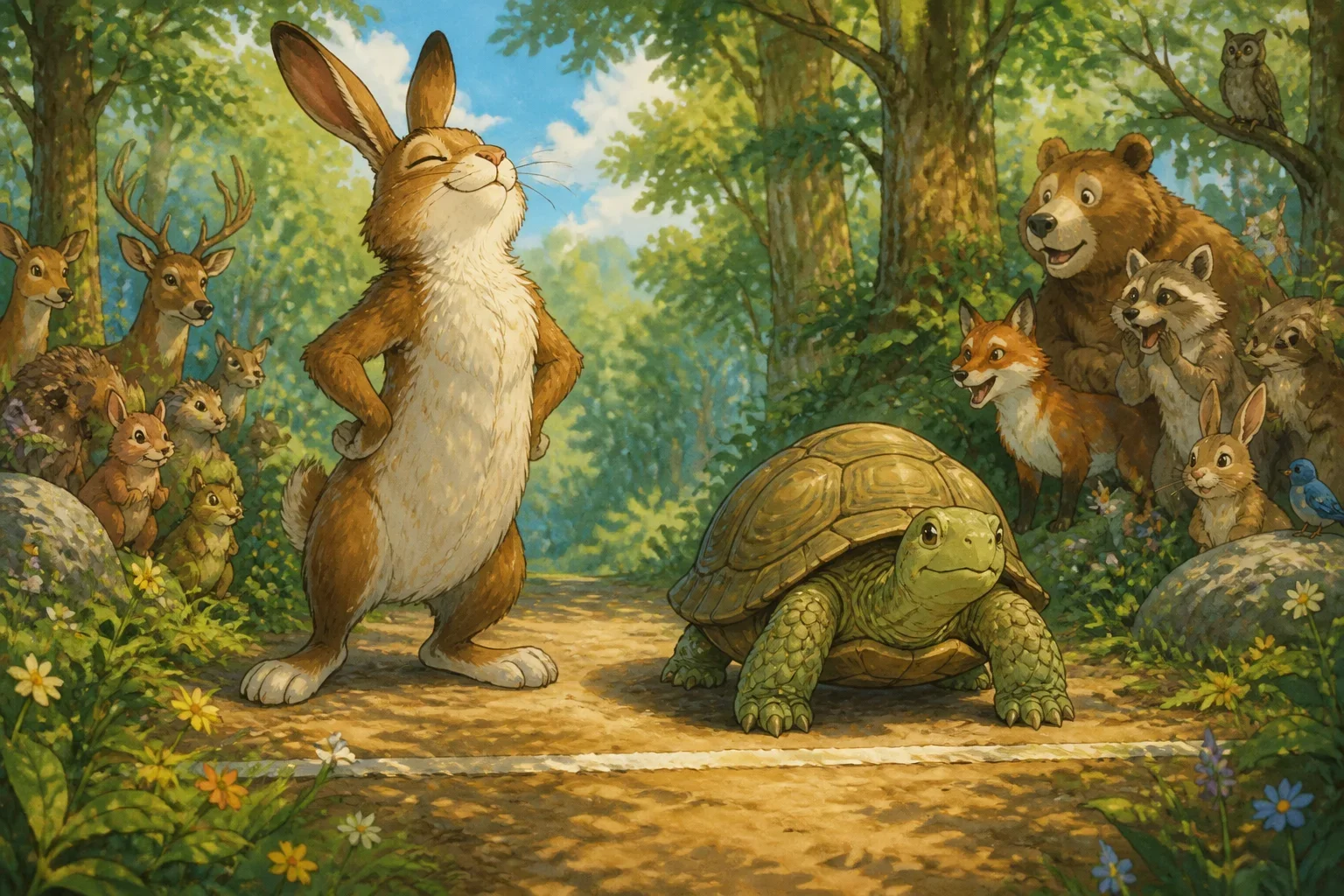 A vibrant forest clearing with a confident hare boasting about his speed, while a gentle tortoise listens patiently nearby, surrounded by curious woodland animals.