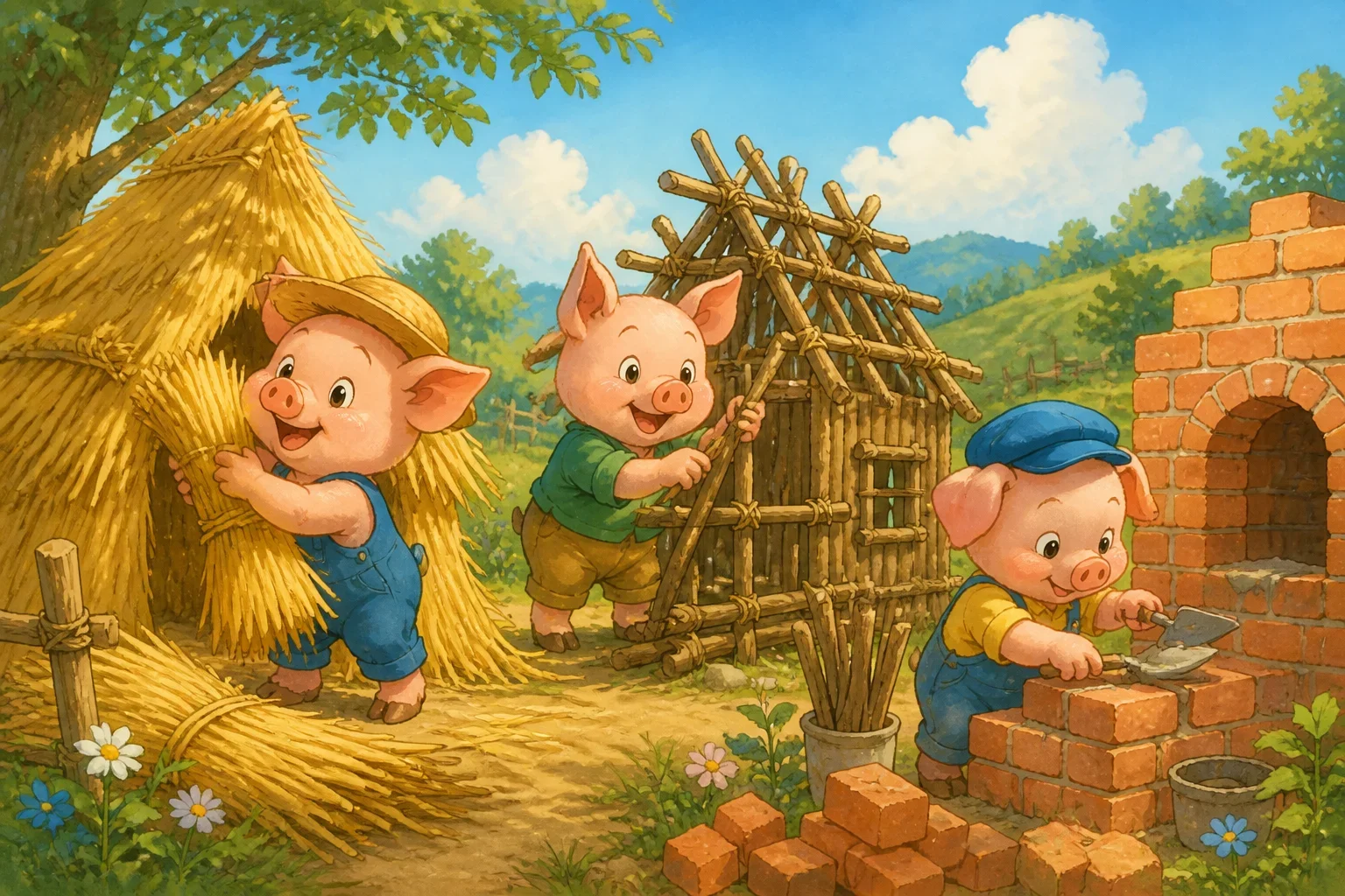Three little pigs working on building their different houses in the countryside, with the youngest pig choosing bricks, showing determination.