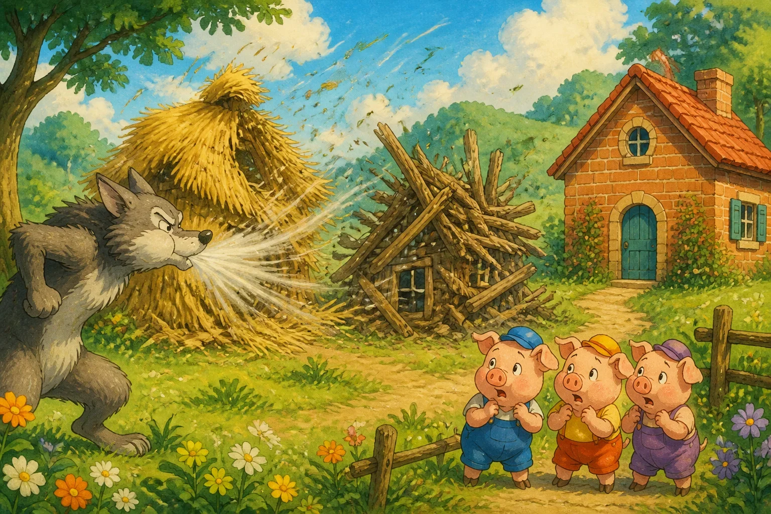 Three little pigs' houses made of straw, sticks, and bricks in a countryside setting, with a mischievous wolf approaching each house.