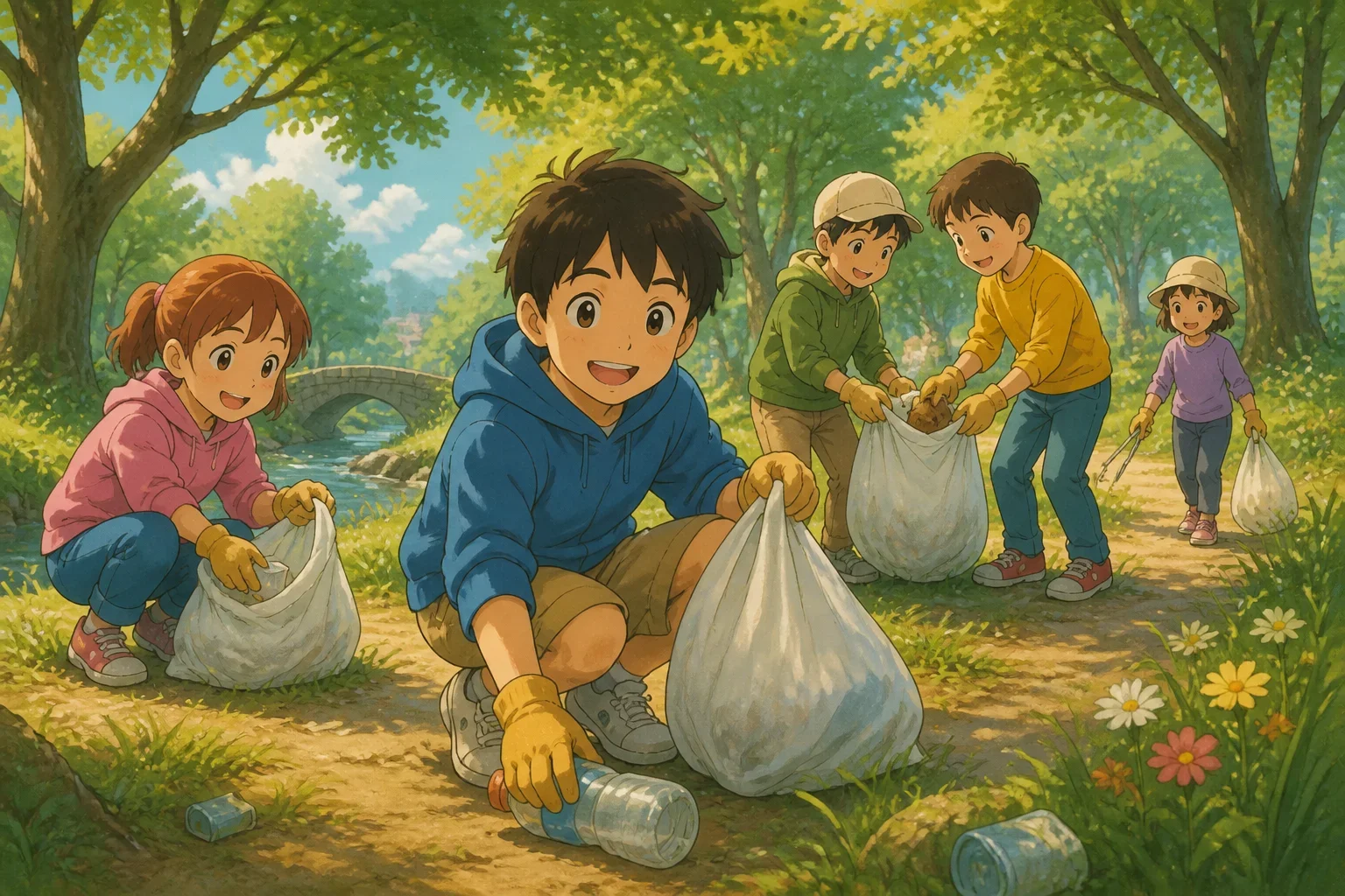 A young boy named Tim and his friends gather trash and clean up a park on Labor Day, with bright sunshine and happy expressions, working together to improve their community.