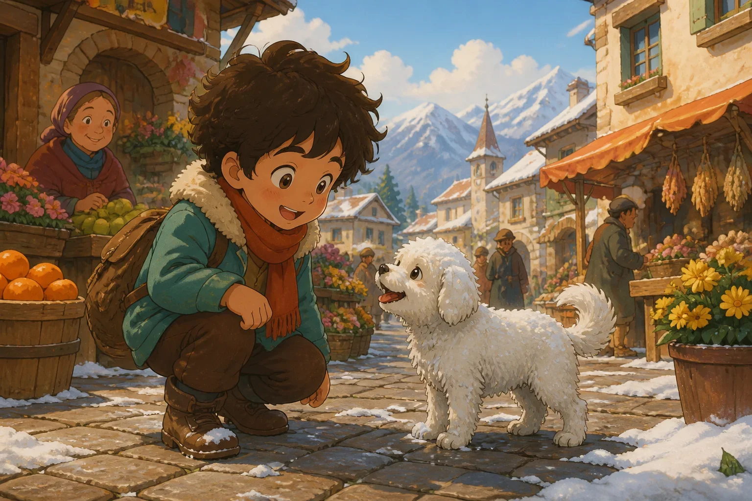 A cheerful boy named Timmy with curly hair and bright eyes exploring a vibrant village market, spotting a small snowy dog huddled under a wooden stall.
