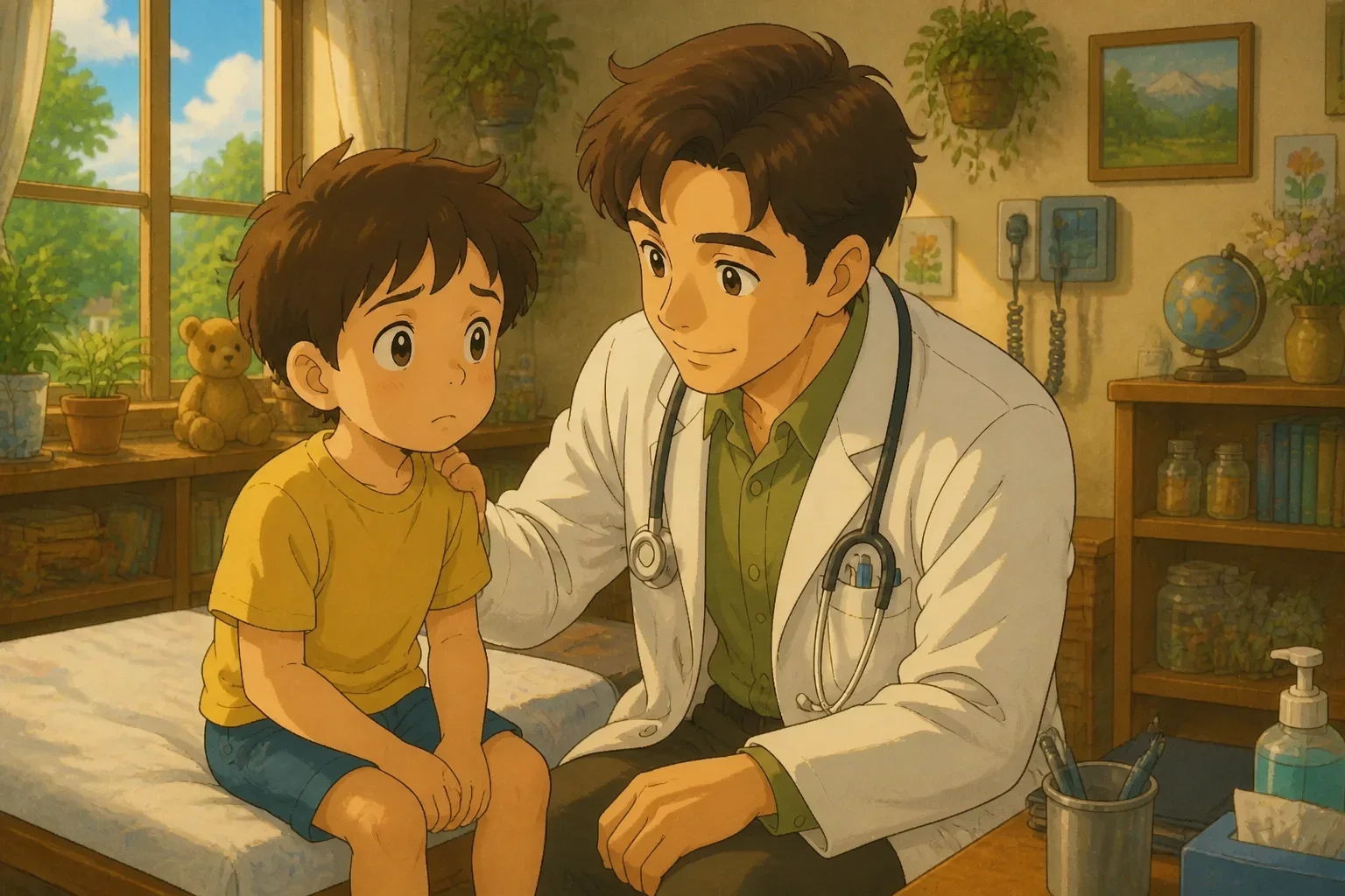 Shy young boy Timmy sitting anxiously on the examination table while Doctor Ethan kneels beside him, speaking gently and reassuring.