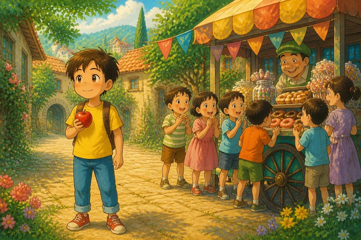Timmy, feeling torn but determined, choosing to pass on the junk food and instead holding a shiny, red apple in his hand, with a thoughtful expression.