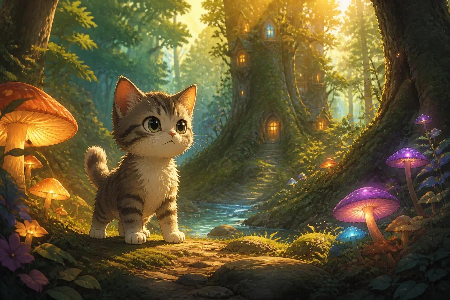 A curious kitten named Timmy standing at the edge of a lush, magical forest filled with glowing mushrooms and tall trees shining with emerald and gold leaves.