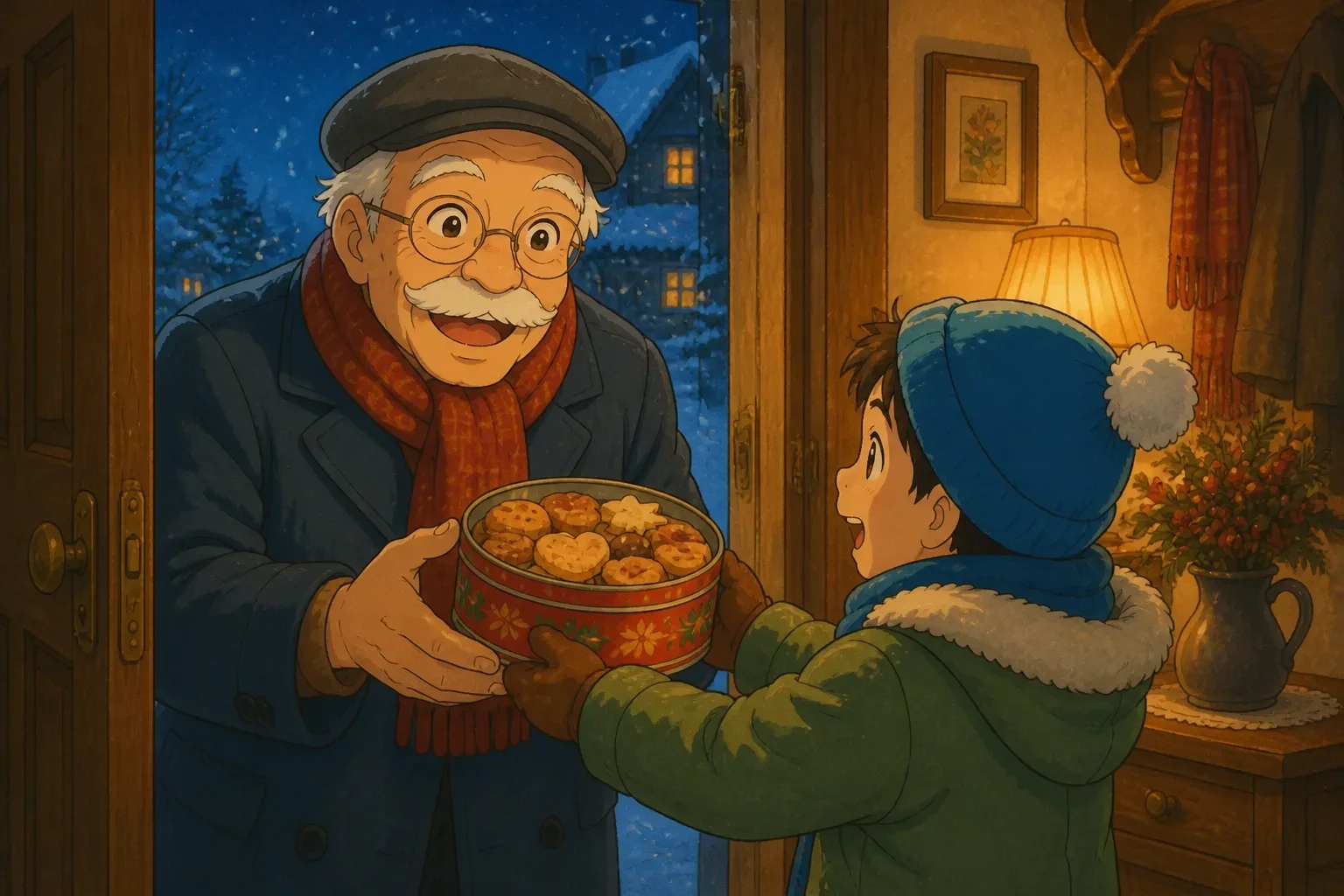 A young boy, Timmy, proudly offering a decorated tin of cookies to Mr. Thompson through an open door, both smiling warmly amid a cozy, festive interior.