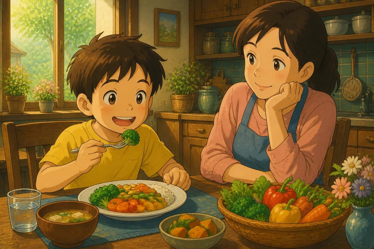 Timmy happily eating a plate of colorful vegetables and fragrant rice at the dinner table, with his proud mother smiling nearby, in a cozy home setting.