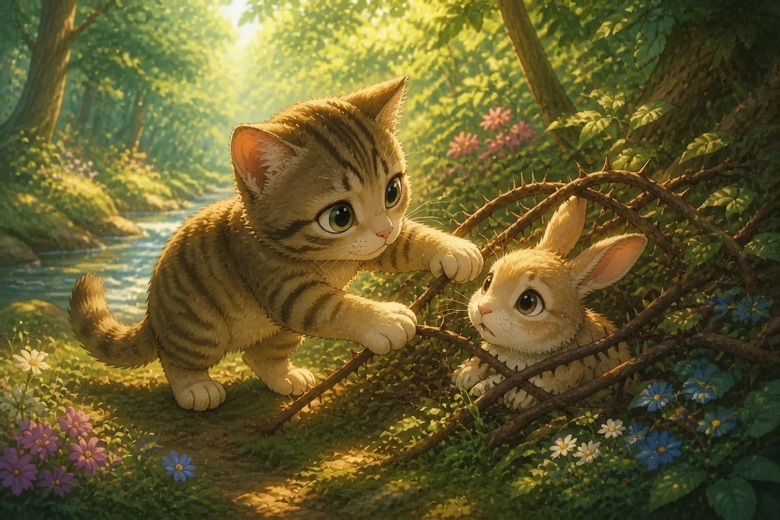 Timmy the kitten gently pulling thorns away from a frightened bunny caught in a thorny bush in a beautiful glade with sparkling light illuminating the scene.