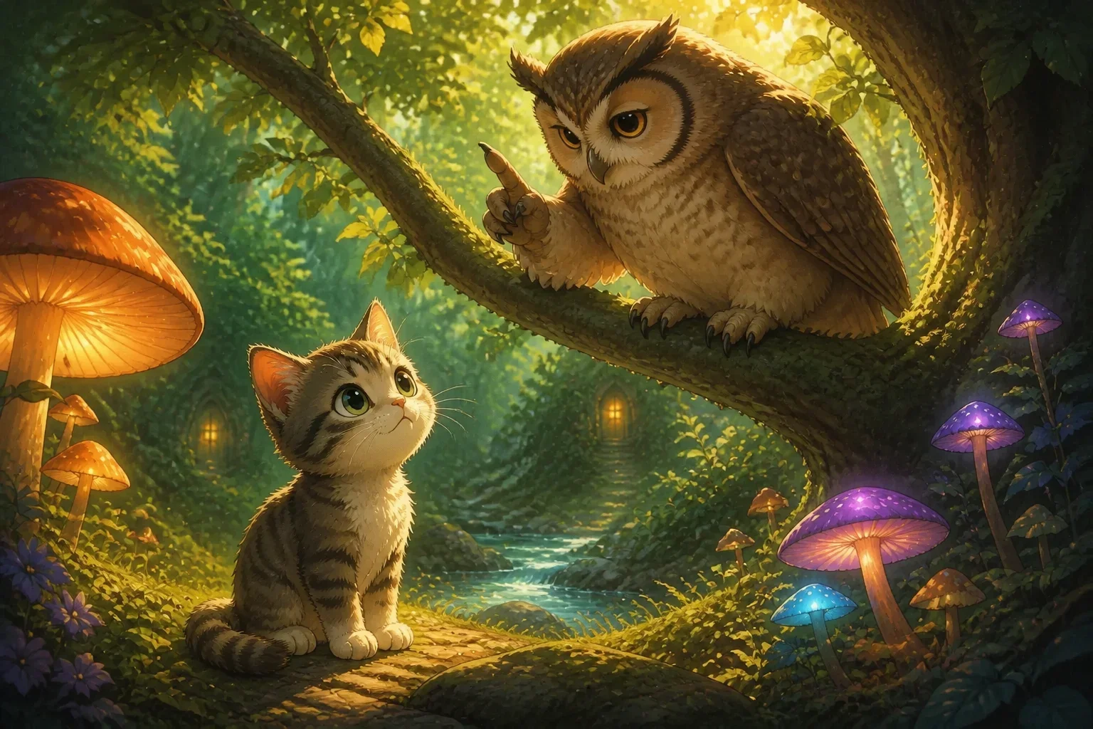 Timmy, the brave kitten, sitting underneath a wise old owl perched on a branch, while the owl asks him a riddle about keys and space in a magical forest.