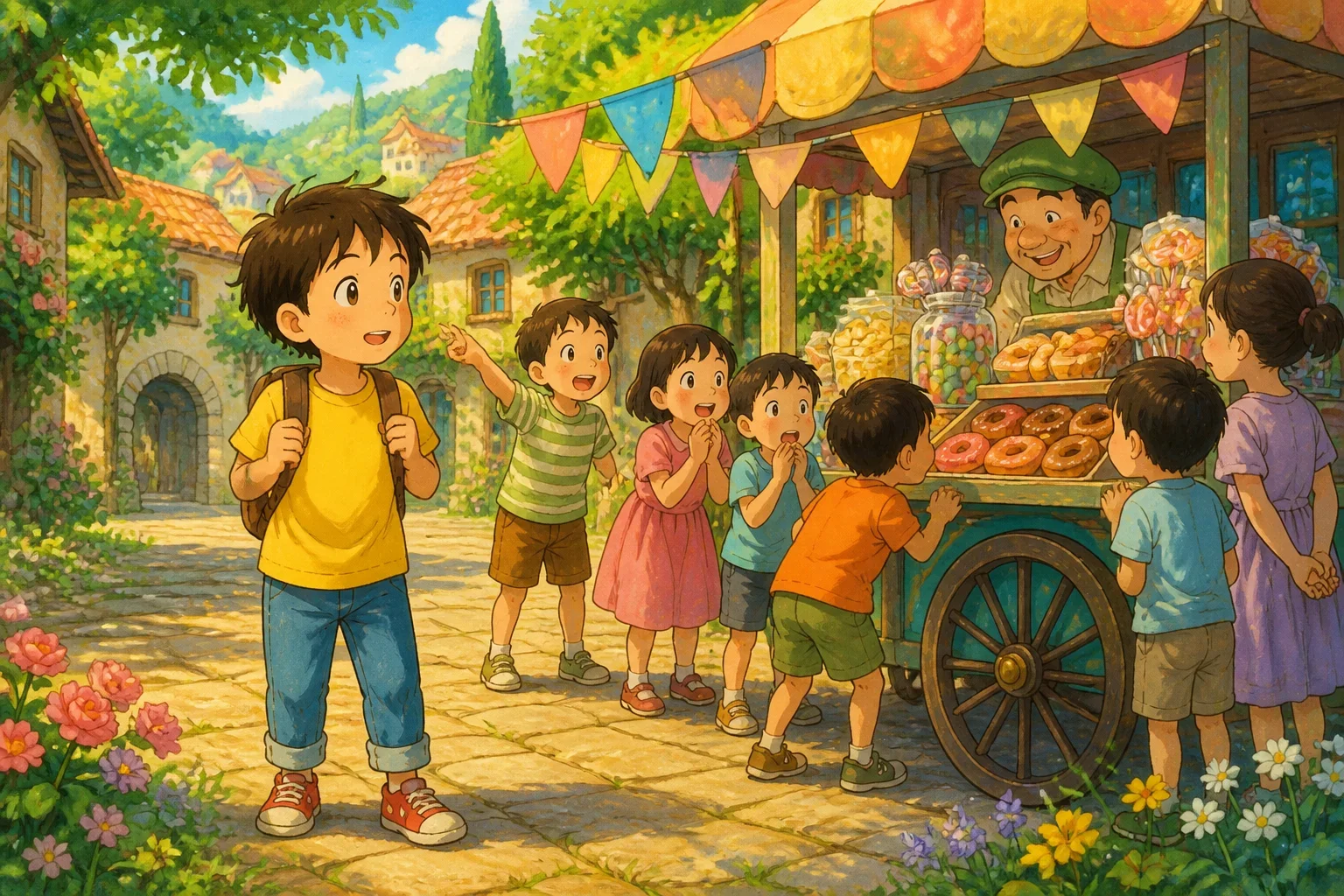 A cheerful young boy named Timmy walking in a colorful village square, noticing a bright food cart filled with tempting treats like candies, chips, and donuts, with other children gathered around.