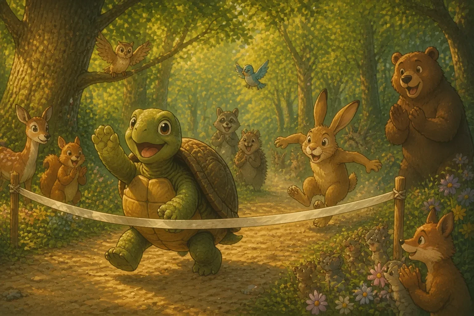 Tina the tortoise crosses the finish line with a joyful smile as Harry the hare, out of breath and surprised, arrives soon after, in the same sunny woodland setting.
