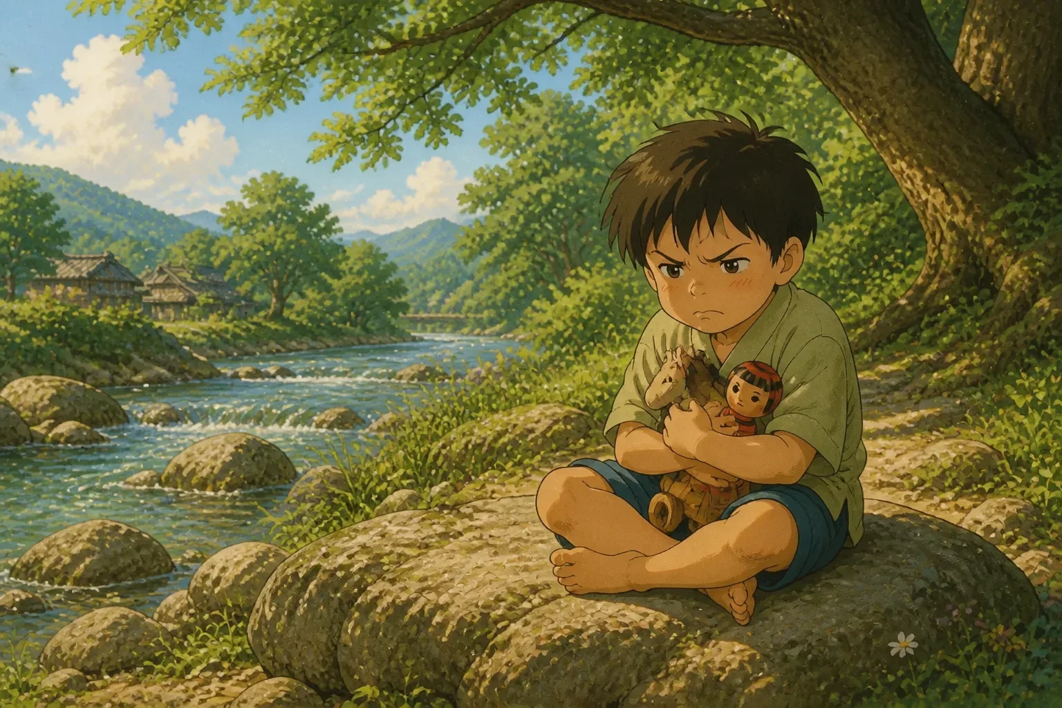 A young boy near a river, looking sad and holding his toys, with an expression of frustration as he struggles with his emotions and thoughts of anger.