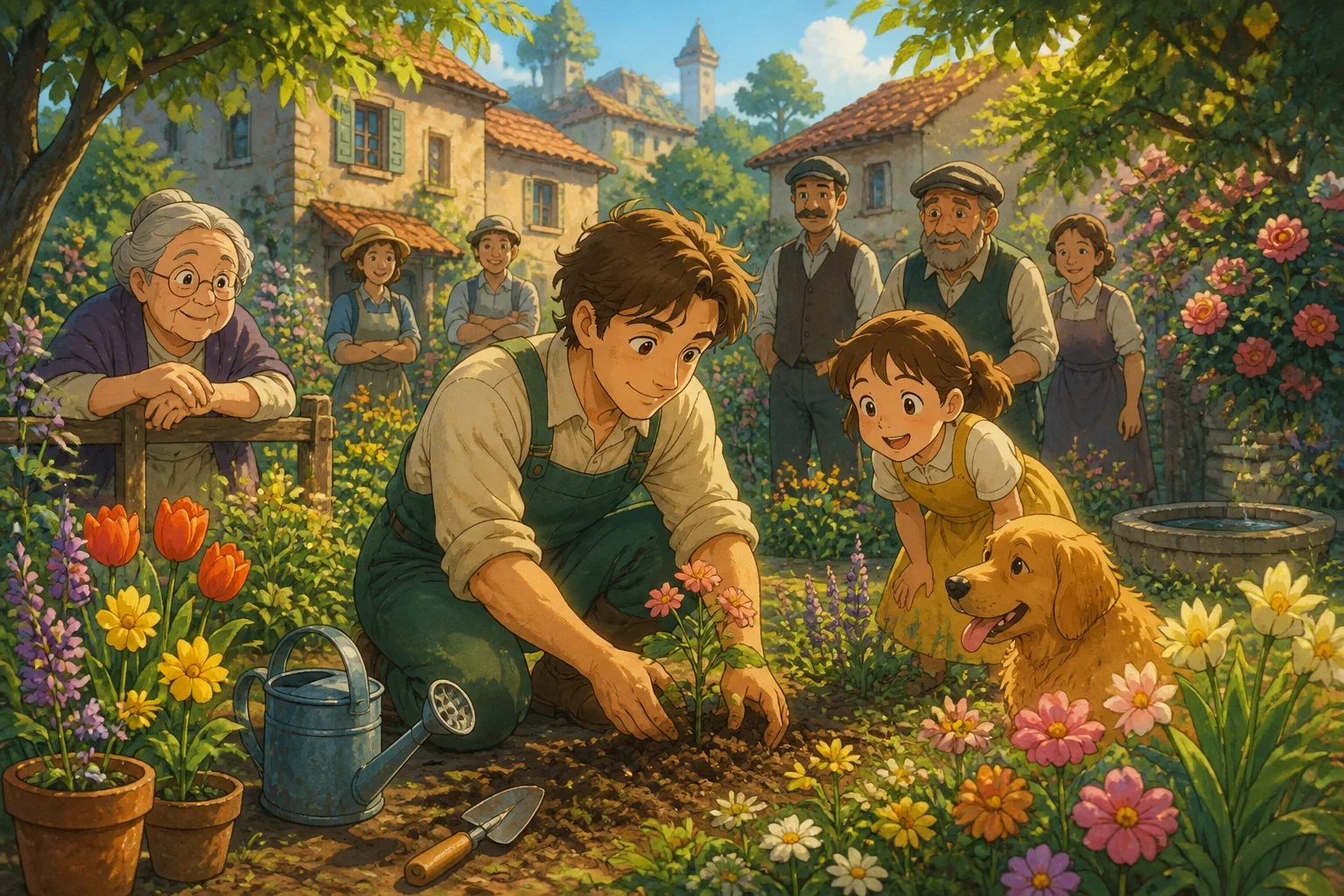 Tom, a gentle-looking man in simple clothes, tending to his small garden with a warm smile in the village square filled with colorful flowers and villagers.