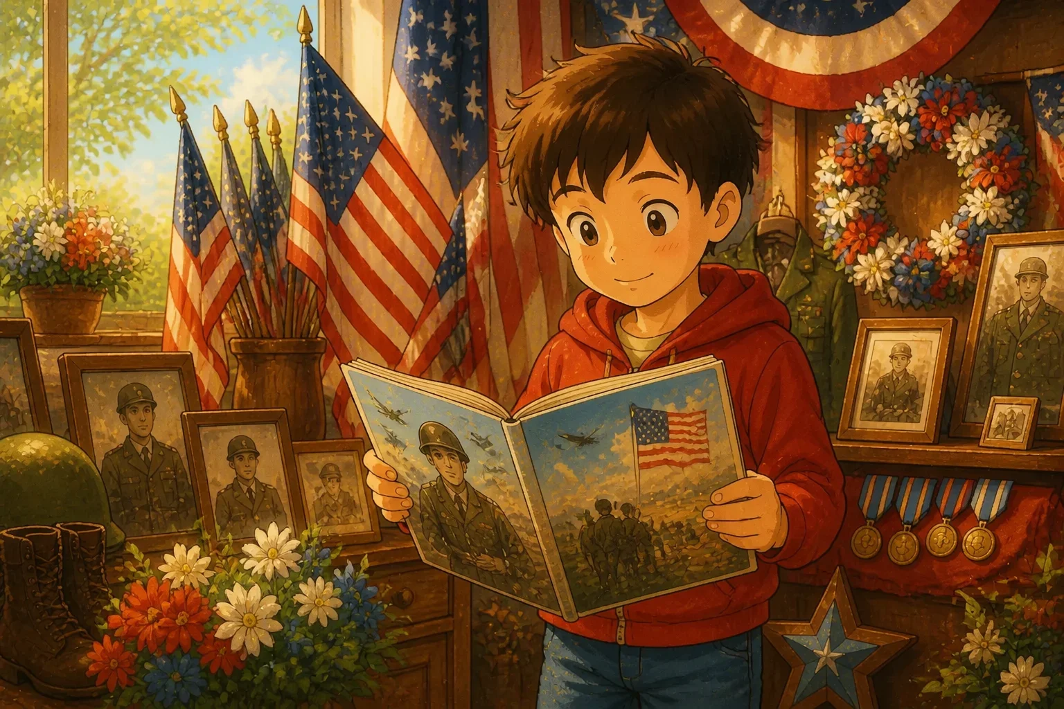 A young boy reading a book about soldiers and Memorial Day, standing thoughtfully in front of a patriotic display with flags and banners, in a bright, cheerful children’s illustration style.