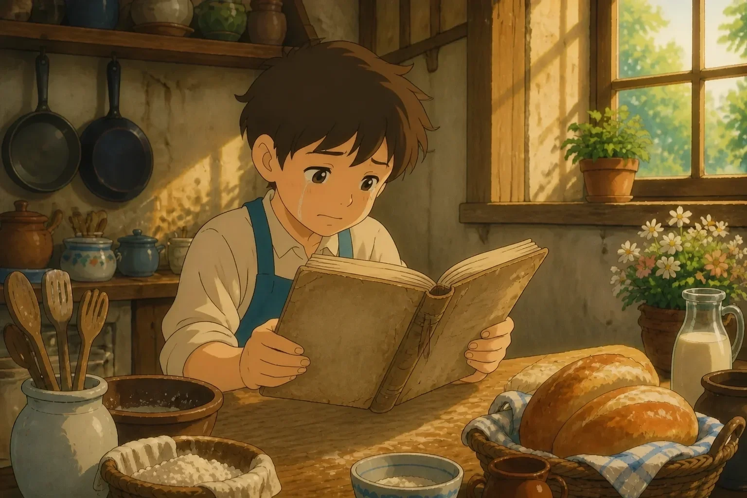 A somber scene of Tommy alone in the kitchen, holding a recipe book, with tears and a bittersweet smile as he remembers his grandma.