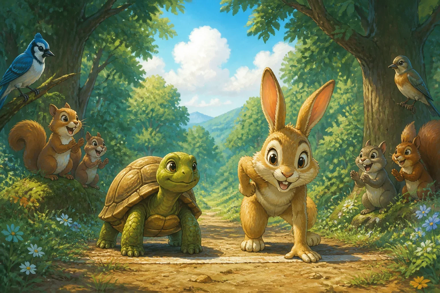 A vibrant forest with a tortoise and a rabbit at the starting line of a race, surrounded by curious animals. The tortoise looks calm and determined, while the rabbit appears confident and excited.