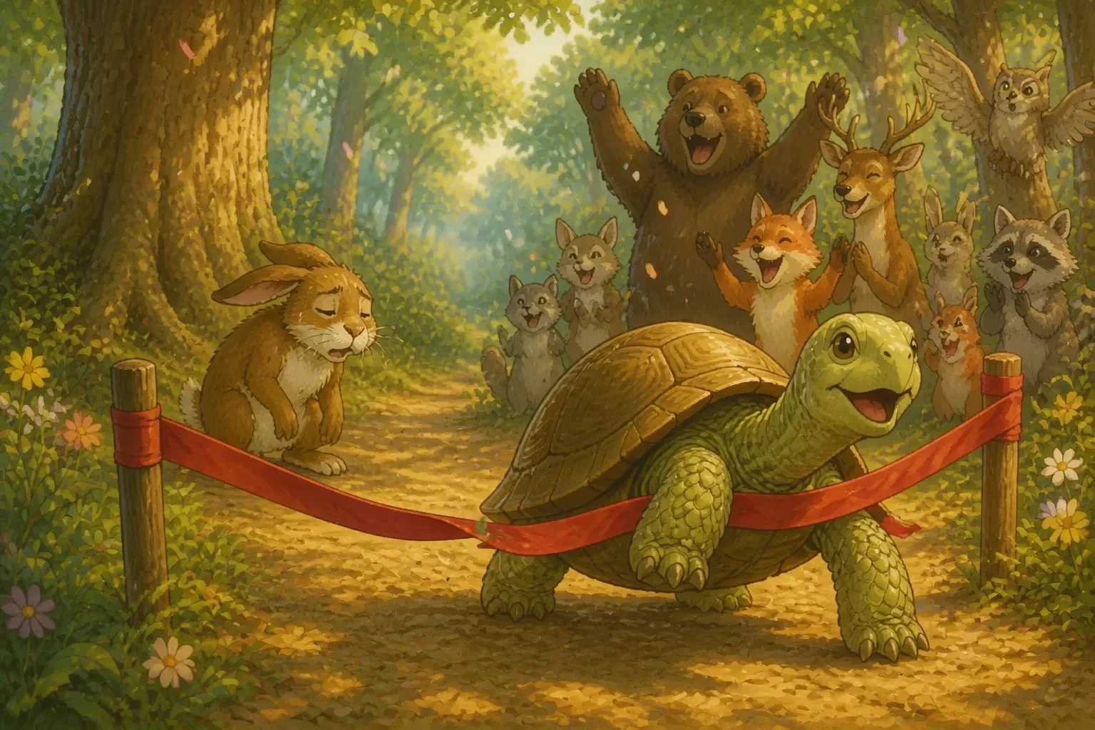 A small tortoise crossing the finish line with a joyful expression as the woodland crowd cheers, with the exhausted but happy hare arriving shortly after.