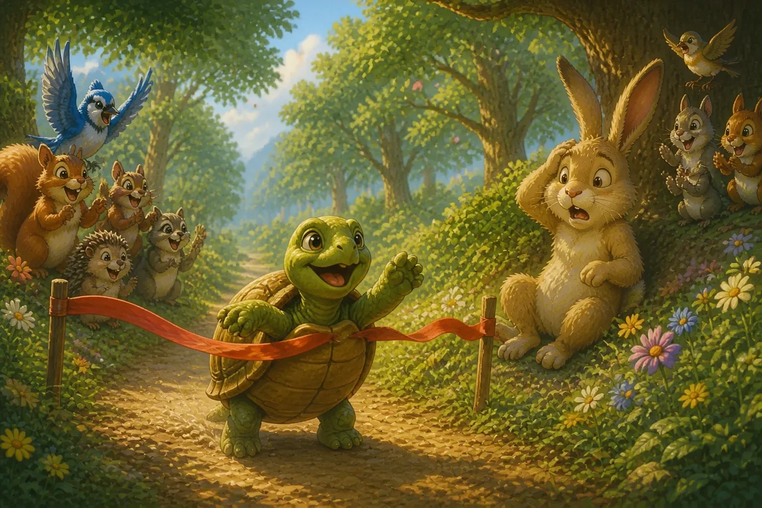An emotional scene of the tortoise crossing the finish line triumphantly as animals cheer, while a surprised and slightly embarrassed rabbit watches from behind, under a bright sky.