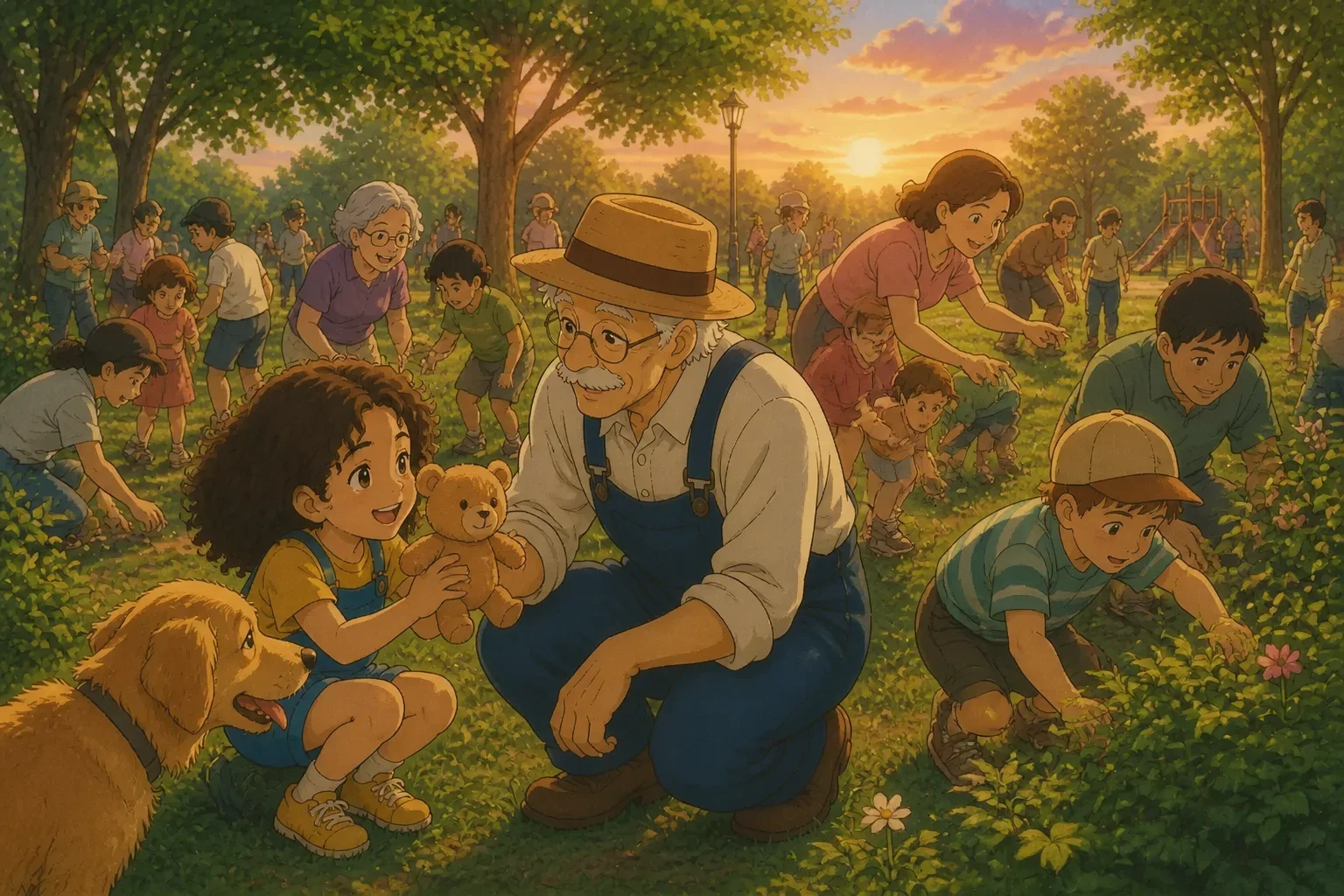The community of townspeople gathered in the park, happily searching and celebrating after finding the blue dragon toy, with smiling faces and a warm sunset.