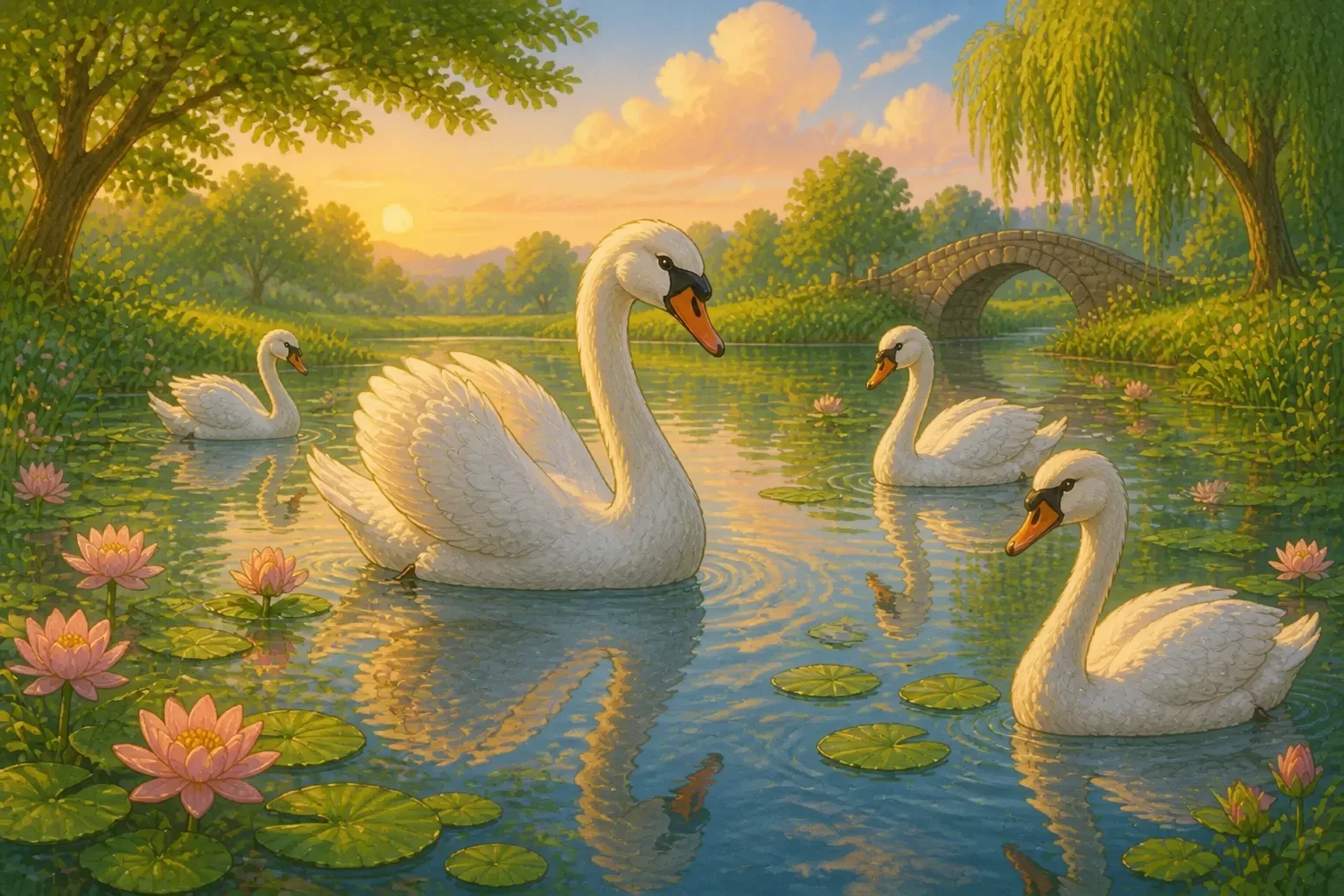 A majestic swan with pure white feathers gracefully swimming on a lake, with the reflection showing his beautiful face, surrounded by other swans in a peaceful setting.