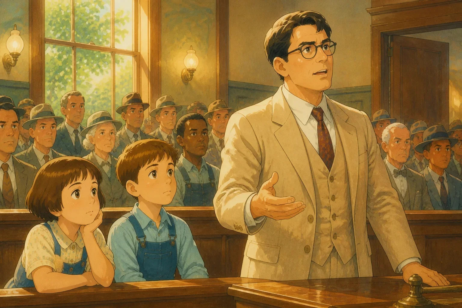 The courtroom filled with townspeople, with Atticus Finch confidently defending Tom Robinson as Scout and Jem watch from the gallery, showing tension and hope.