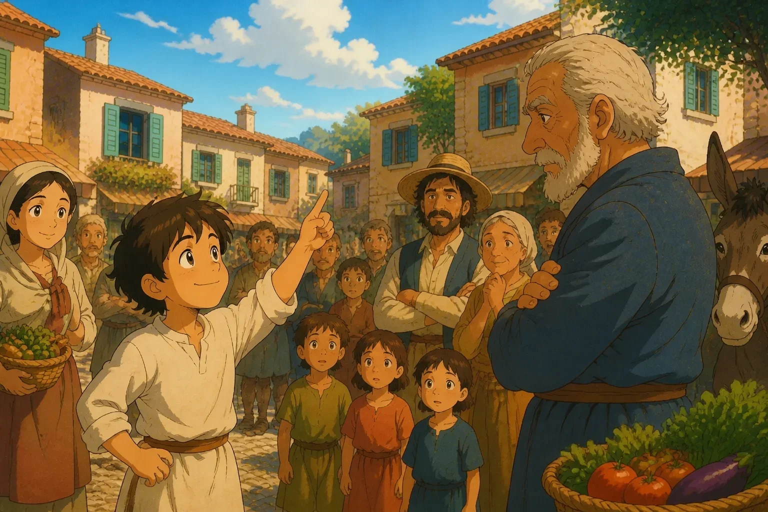 A brave young boy standing tall during a village trial, with villagers and an elder listening, emphasizing courage and truth.