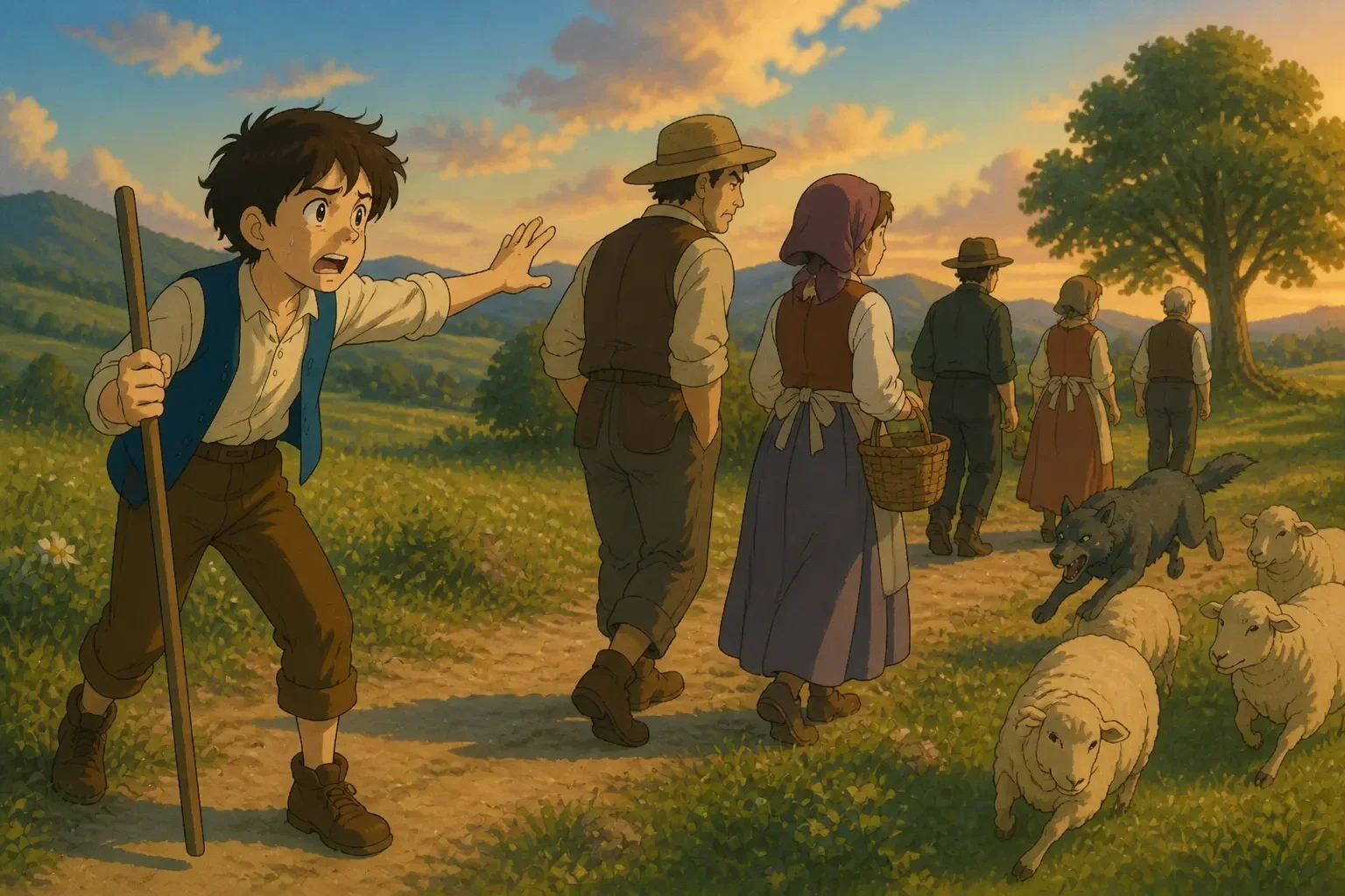 The villagers ignoring the boy’s cries as a wolf attacks the sheep, with the shepherd looking regretful and the frightened sheep running away.