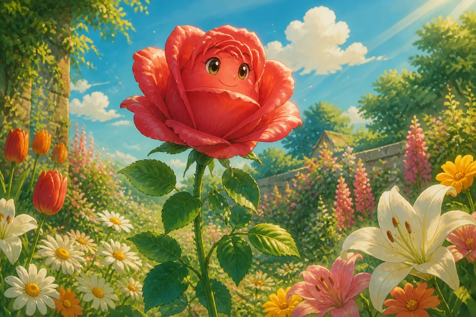 A tall, majestic rose with shimmering petals stands confidently in a colorful garden, surrounded by cheerful flowers.