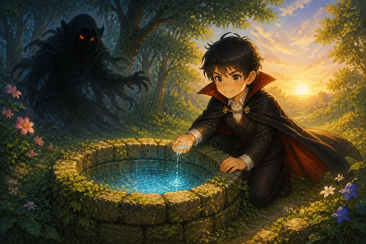 Victor facing his fears at the glowing Well of Purity, with a dark shadow figure trying to stop him.